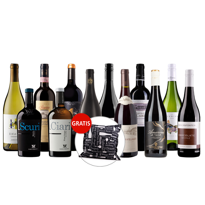 Weinpaket 12 Rebsorten + Dekokissen gratis